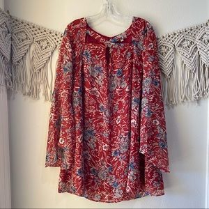 Umgee Women's Tunic Dress Large Rust Orange Floral Bell Size XL Keyhole Lined